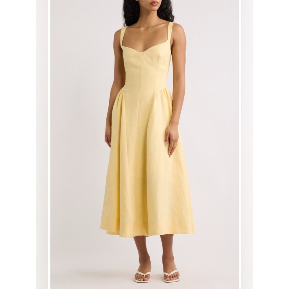 New Reformation Birdie Linen Sleeveless Sweetheart Midi Dress ray of light